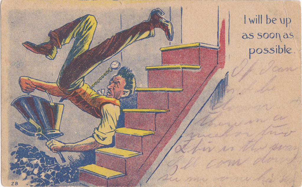 Down in the Dumps- 1900s Antique Postcard- Coal Cellar- Falling Down Stairs- Edwardian Humor- Art Comic- Used