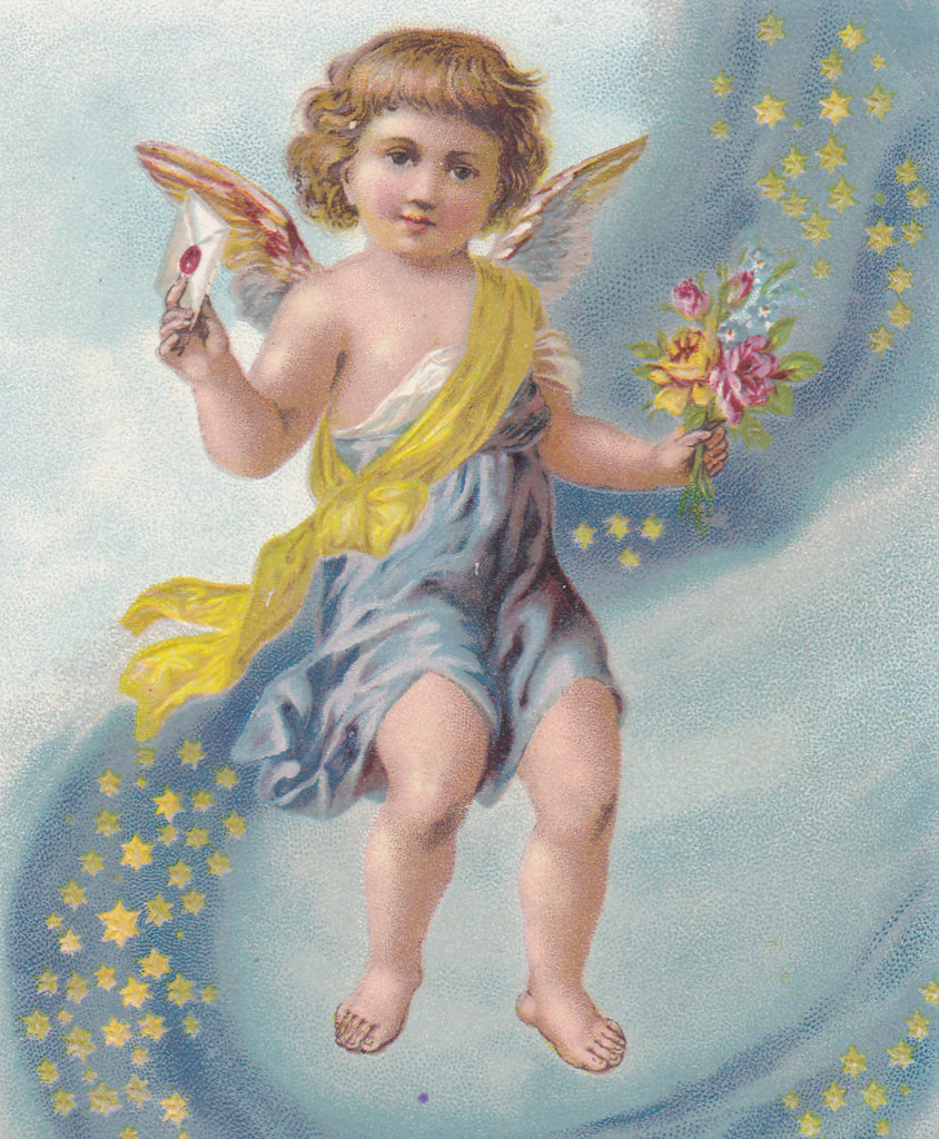 Best Wishes- 1910s Antique Postcard- Winged Cherub- Six Point Stars- Happy Birthday- Edwardian Greeting- Used