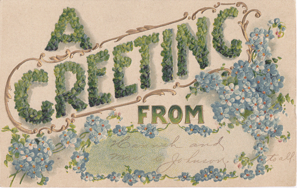 A Greeting In Clover- 1900s Antique Postcard- Forget-Me-Nots- Lucky Charms- Good Luck- B. B. London- Edwardian Floral- Used