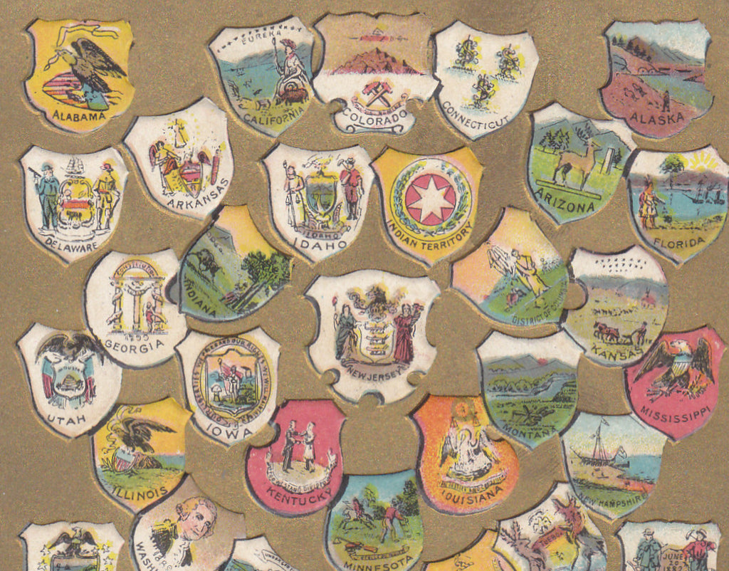 Arms of the States- 1900s Antique Postcard- Territories of American Union- State Shields- Edwardian Era- Unused