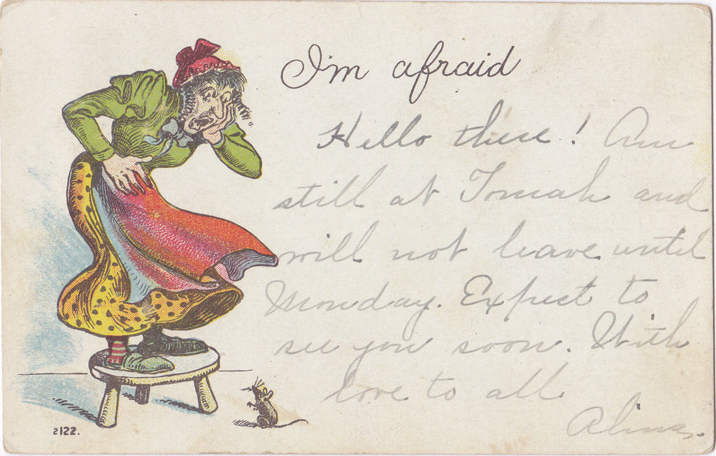 I'm Afraid- 1900s Antique Postcard- Frightened By Mouse- Screaming Woman- Edwardian Humor- Weird Art Comic- Used