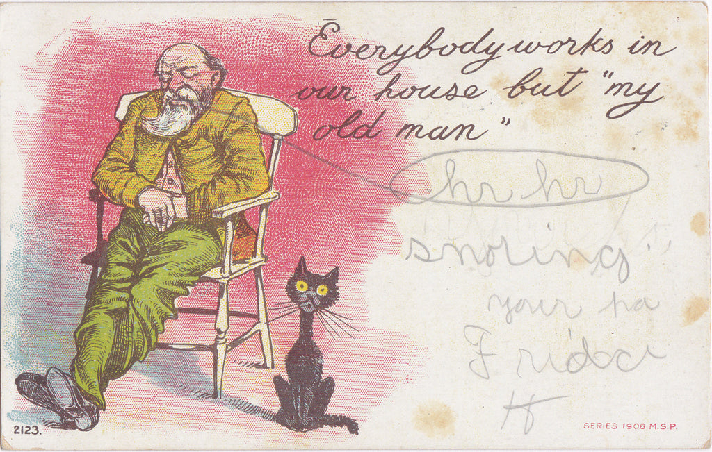 Everybody Works But My Old Man- 1900s Antique Postcard- Black Cat- Edwardian Art Comic- Used