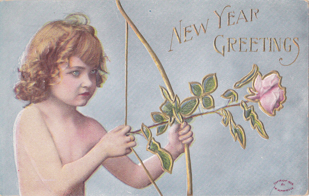 Cupid Takes Aim- 1900s Antique Postcard- New Years Greetings- Roses For Arrows- Edwardian Art Card- Ullman Mfg Co.