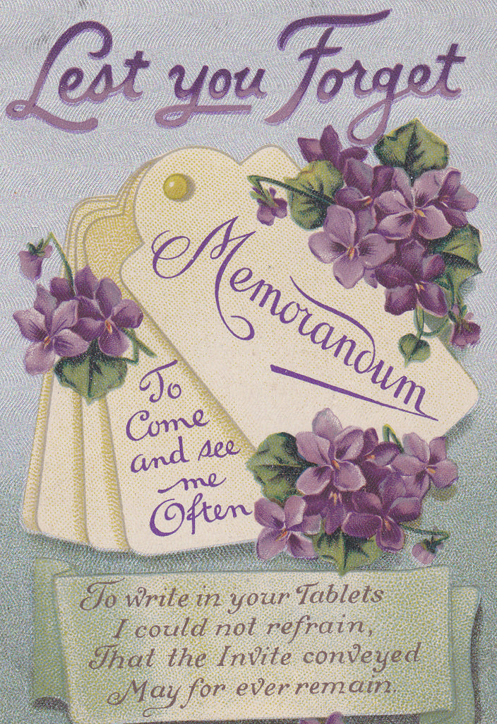 Memorandum- 1910s Antique Postcard- Lest You Forget- Write in Your Tablets- Edwardian Greeting- Violets- Flowers- B B London- Used