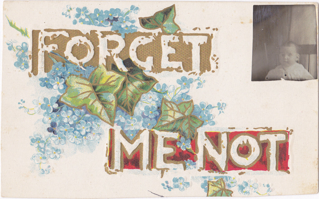Forget Me Not- 1910s Antique Postcard- Gem Photo- Edwardian Baby- Found Photo- Altered Postcard- Used