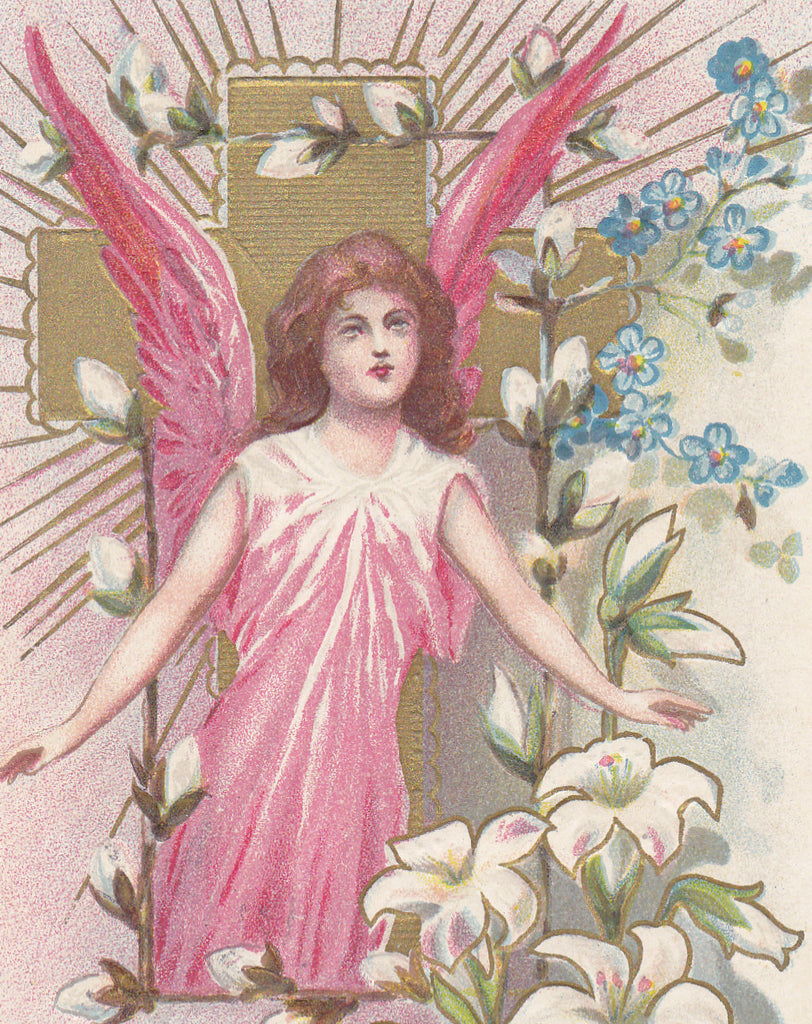 Joyful Easter Angel- 1910s Antique Postcard- Easter Lily, Forget-Me-Nots, Pussy Willows- L R Conwell- Edwardian Easter- Used