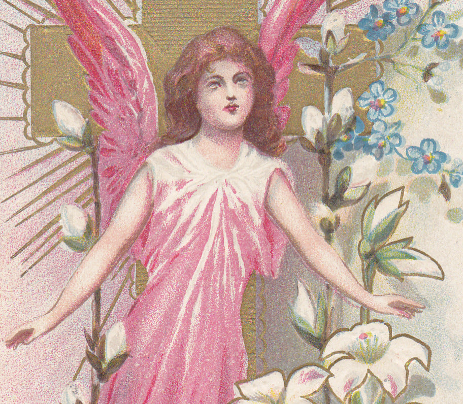 Joyful Easter Angel- 1910s Antique Postcard- Easter Lily, Forget-Me-Nots, Pussy Willows- L R Conwell- Edwardian Easter- Used