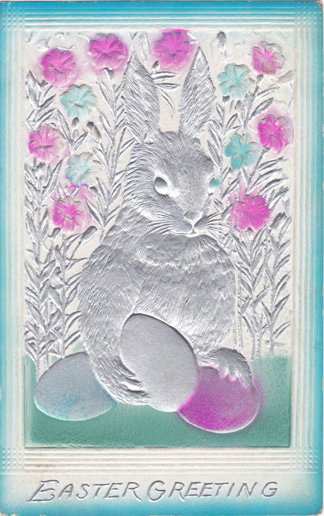 The Mighty Easter Bunny- 1900s Antique Postcard- Creepy Jack Rabbit- Embossed Silver- Easter Eggs- Weird Strange- Used