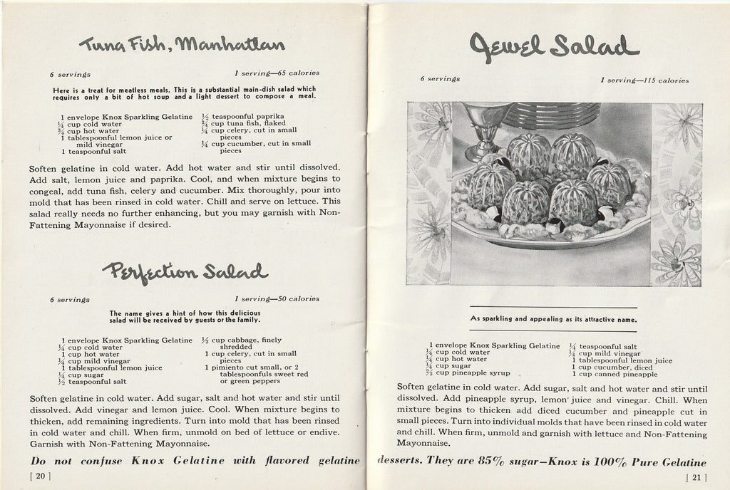 Mrs. Knox's "Be Fit Not Fat" Recipes - Charles B. Knox Gelatine Co. - Booklet, c. 1939 Pg. 20-21