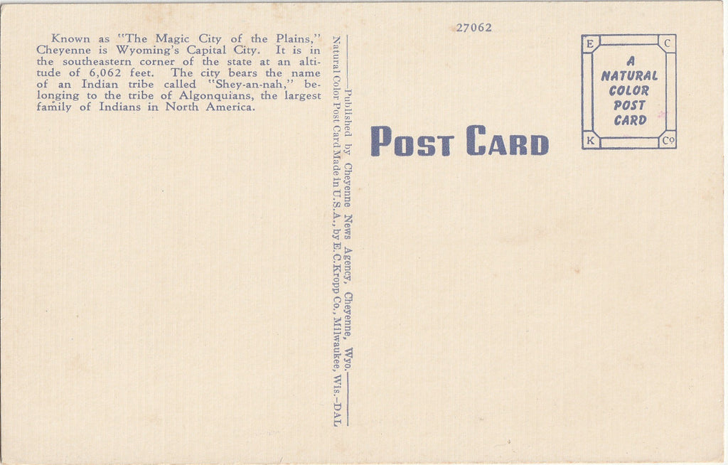 Post Office in Wonderful Wyoming - Cheyenne, WY - Postcard, c. 1930s Back