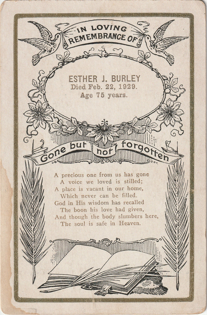 IN LOVING REMEMBRANCE of Ester J Burley- Died Feb. 22, 1929- GONE BUT NOT FORGOTTEN - Mourning Cabinet Card, c. 1920s