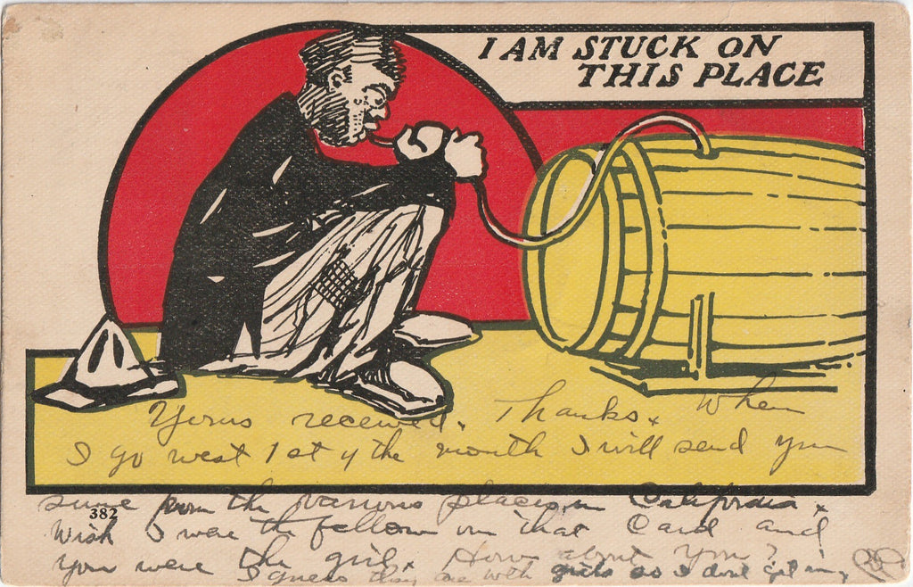 I Am Stuck On This Place Antique Drinking Postcard