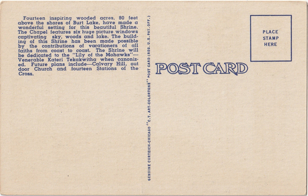 Indian River Catholic Shrine - Indian River, Michigan - Postcard, c. 1940s Back