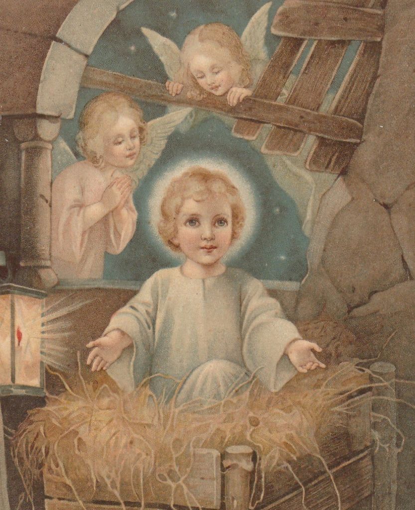 Infant Jesus in Manger Antique Postcard Close Up