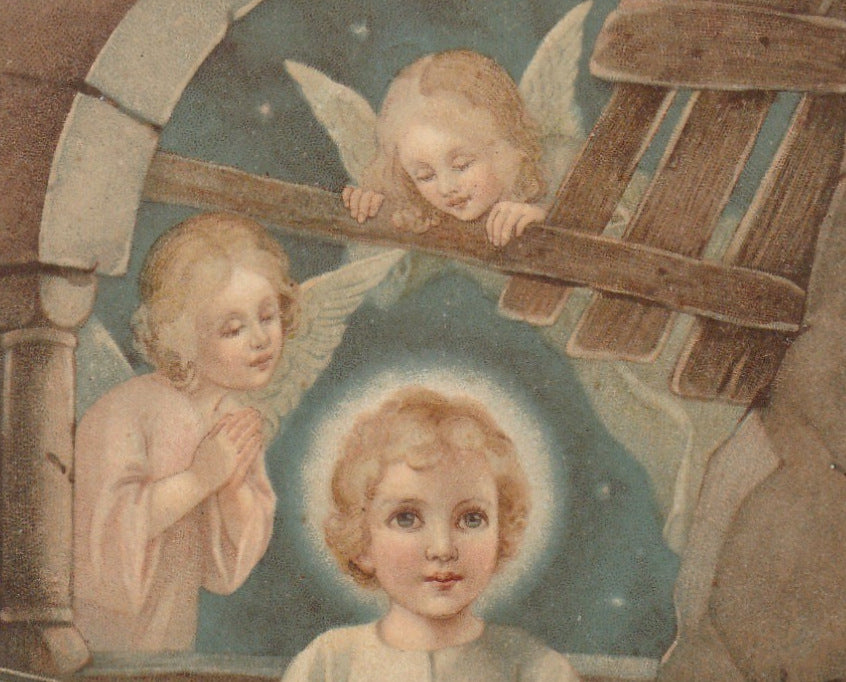 Infant Jesus in Manger Antique Postcard Close Up 2