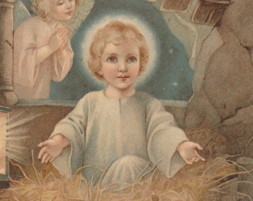 Infant Jesus in Manger Antique Postcard Close Up 3