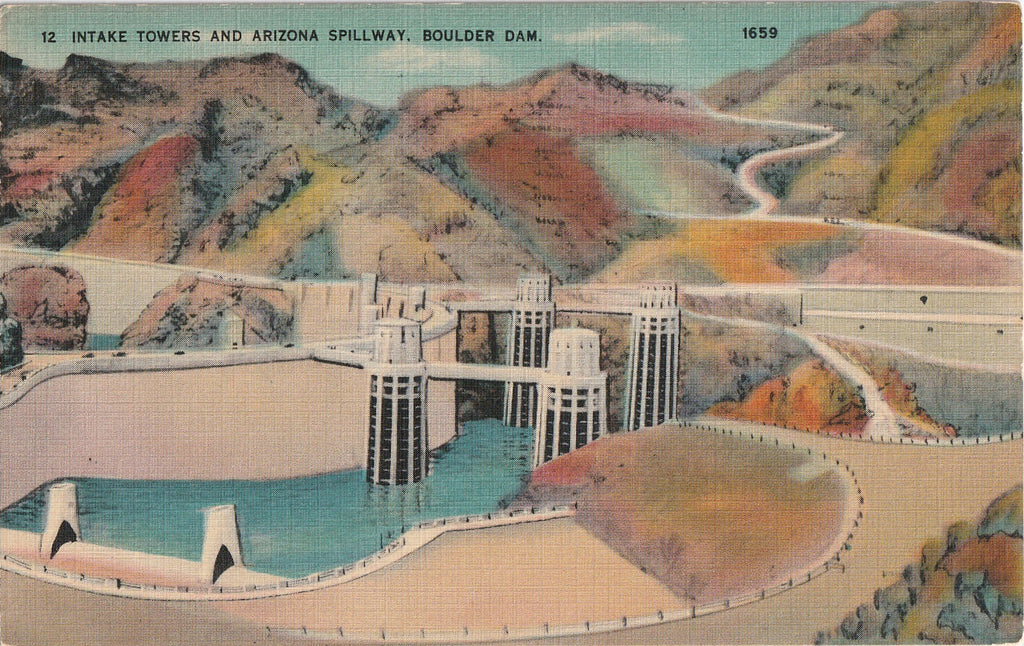 Intake Towers and Arizona Spillway Boulder Dam Postcard
