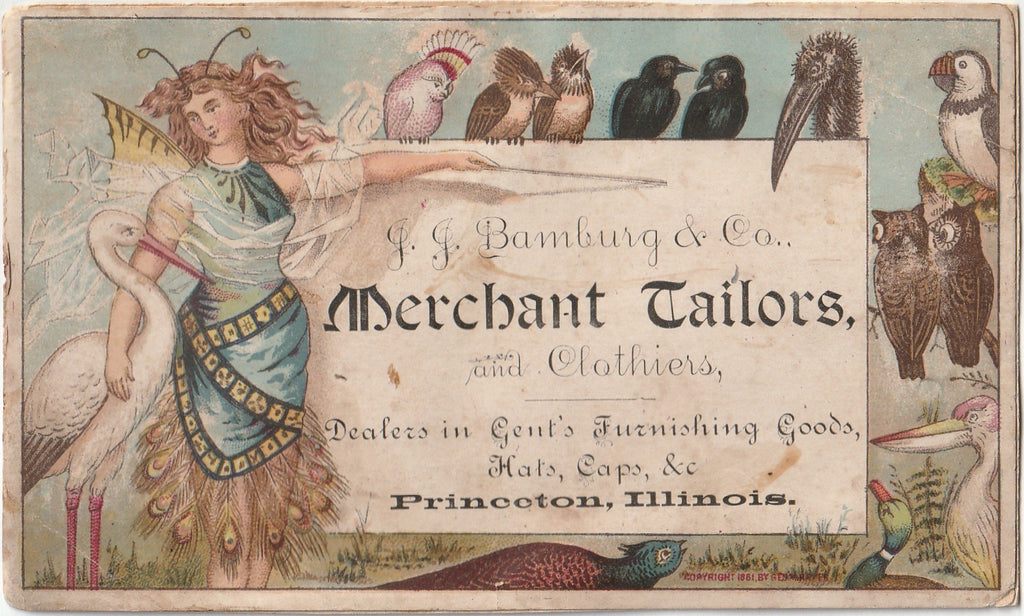 J. J. Bamburg & Co. Merchant Tailors and Clothiers - Princeton, IL - Geo. M. Hayes - Trade Card, c. 1861