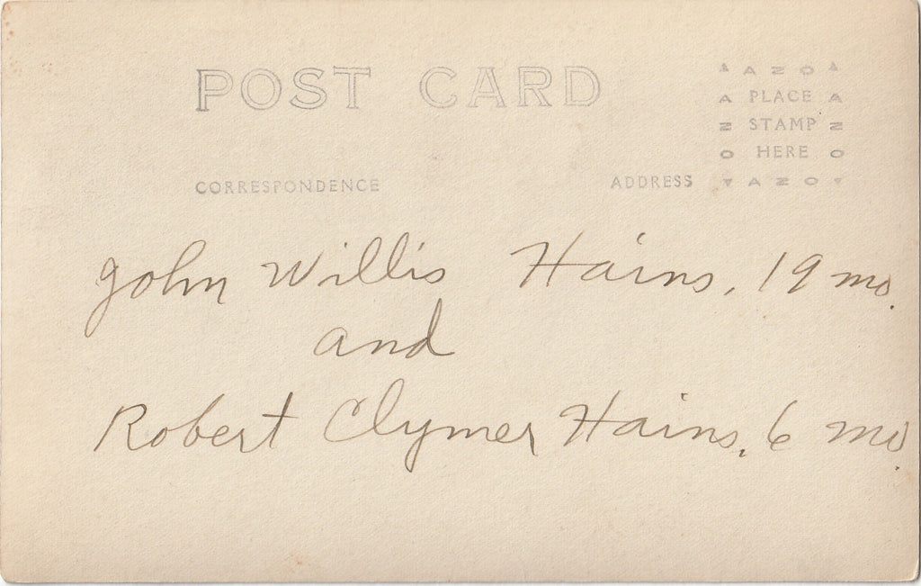 John Willis Hains and Robert Clymer Hains - RPPC, c. 1910s Back