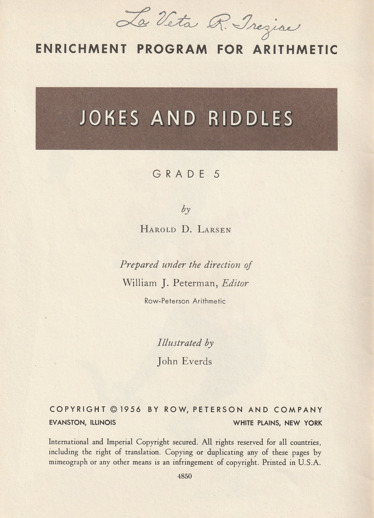 Jokes and Riddles - Enrichment Program for Arithmetic Grade 5 - Harold D. Larsen - John Everds - Booklet, c. 1956 - Inside Front Cover