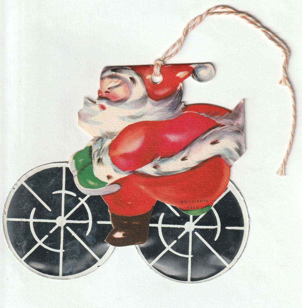 Jolly Santa Flying Bicycle - Brilliants Ornament Card, c. 1940s