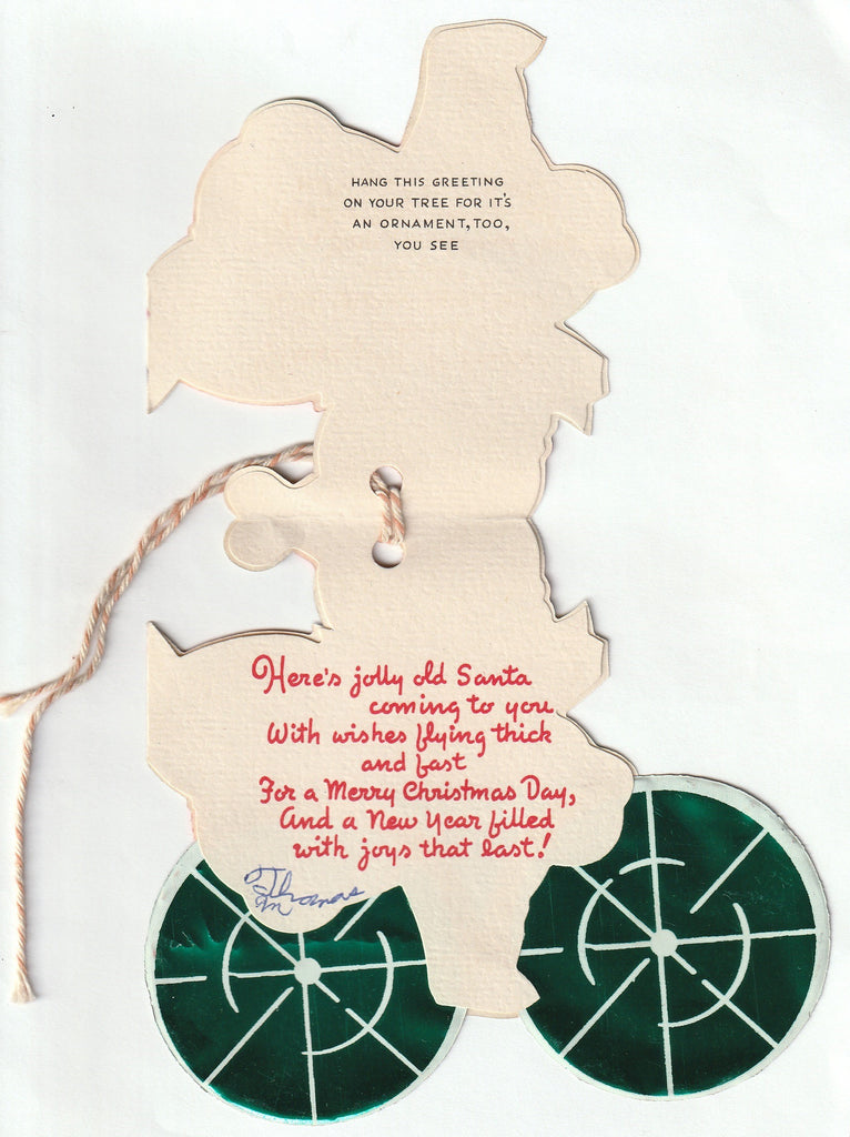Jolly Santa Flying Bicycle - Brilliants Ornament Card, c. 1940s