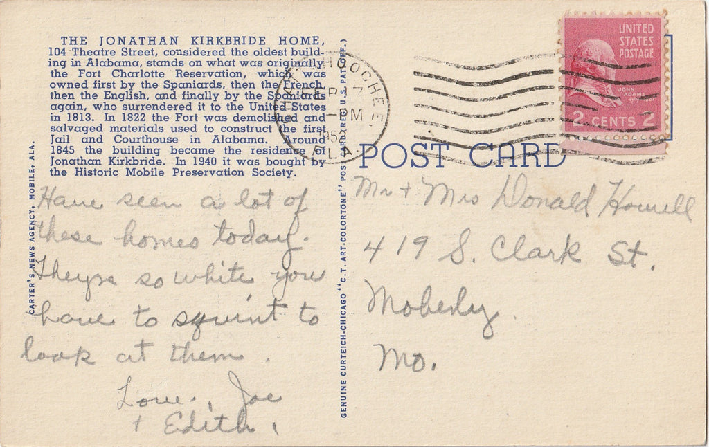 Jonathan Kirkbride Home Vintage Postcard Back