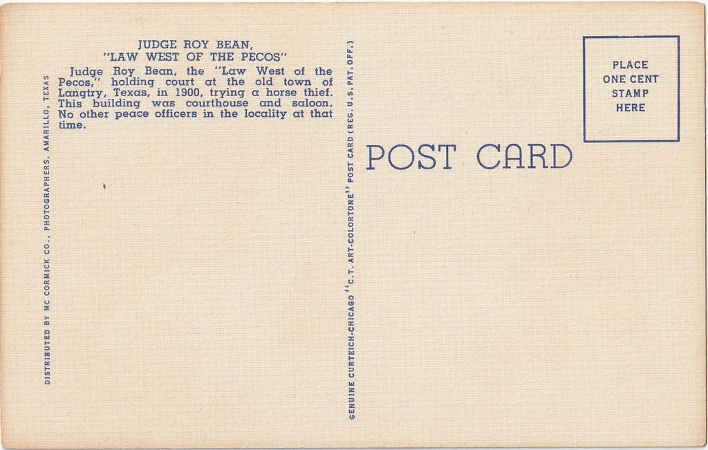 Judge Roy Bean Law West of the Pecos Postcard Back