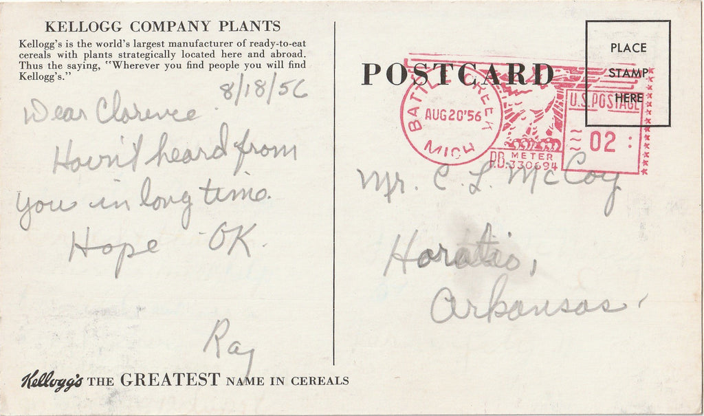 Kellogg Company Plants - Greatest Name in Cereal - Postcard, c.1950s Back