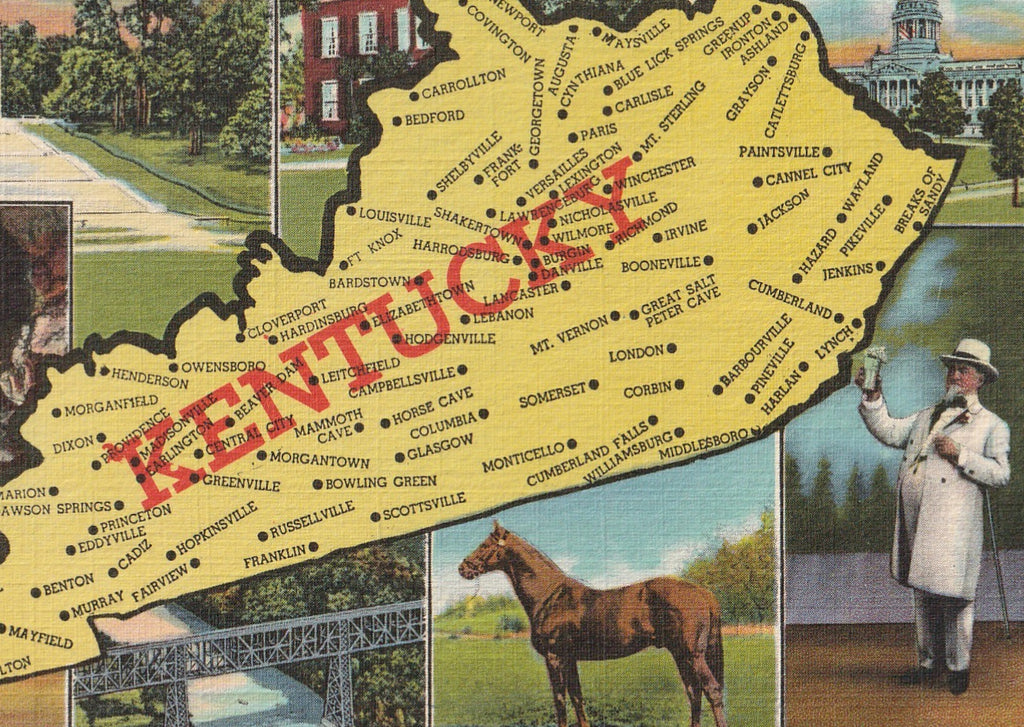 Kentucky Map Vintage Postcard Close Up