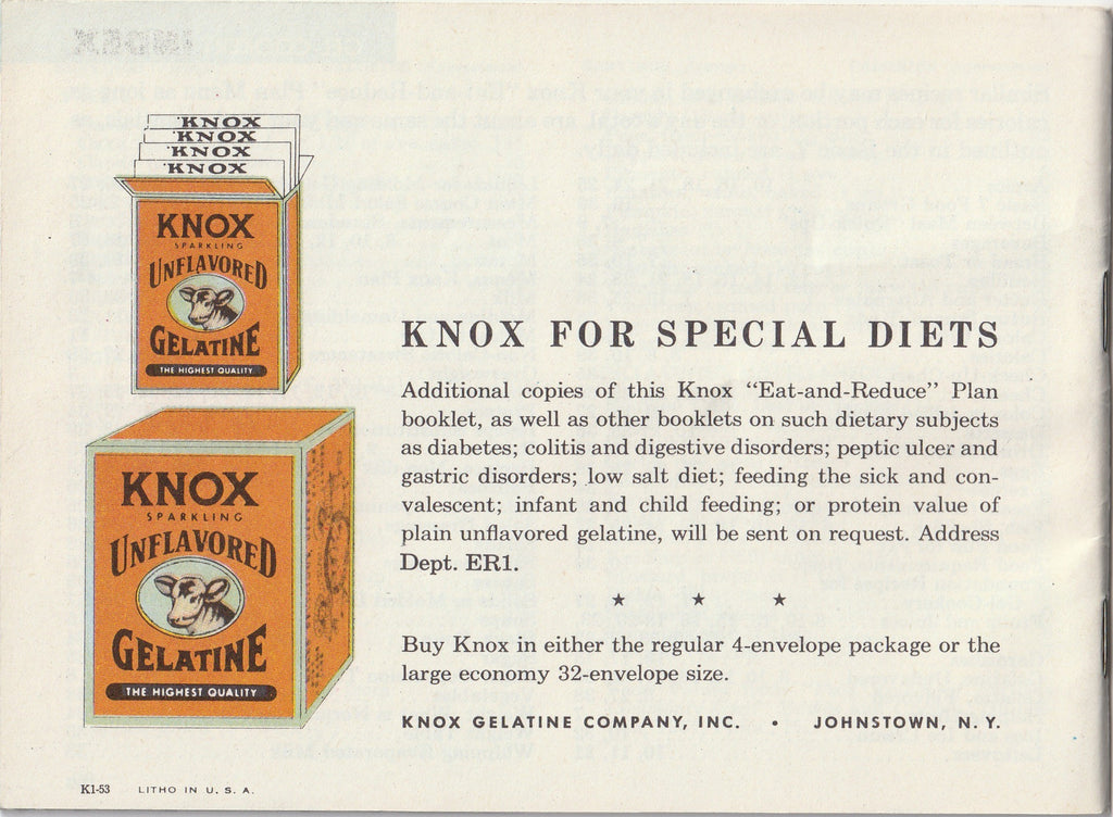 Knox Gelatine Eat And Reduce Plan Recipe Book - Booklet, c. 1952 Back Cover