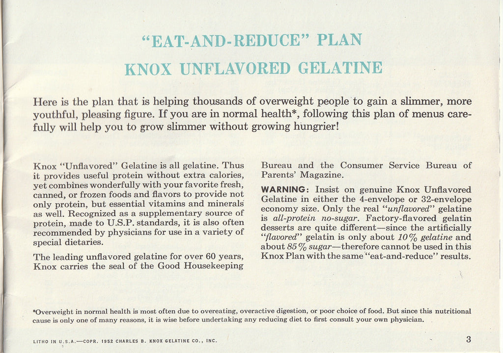 Knox Gelatine Eat And Reduce Plan Recipe Book - Booklet, c. 1952 Inside 5