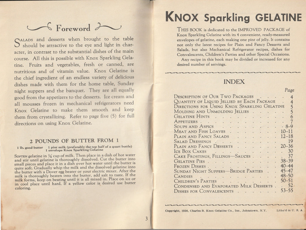 Knox Gelatine, Desserts Salads Candies and Frozen Dishes - Charles B. Knox Gelatine Co. Inc. - Booklet, c. 1936 - Index