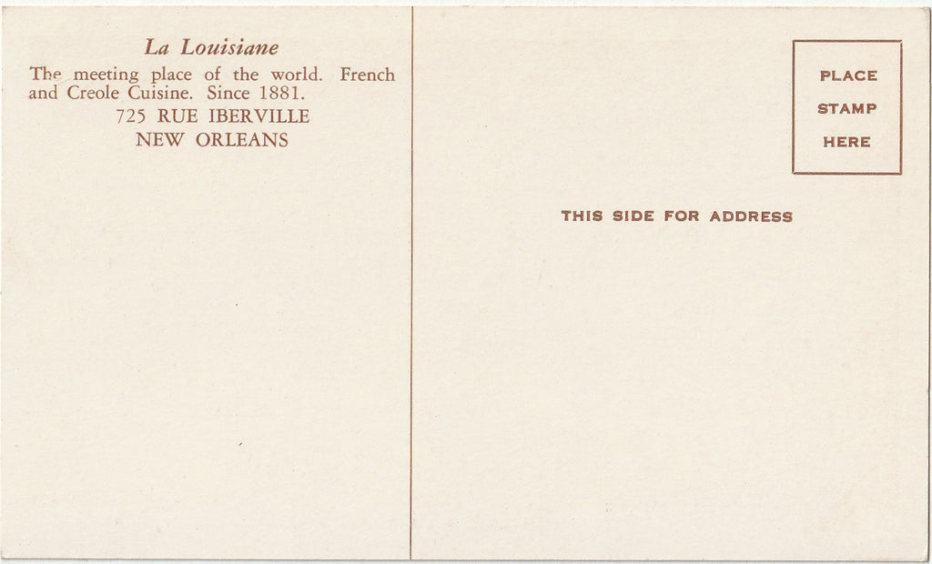 La Louisiane Main Dining Room - French and Creole Food - New Orleans, LA - Postcard, c. 1940s Back