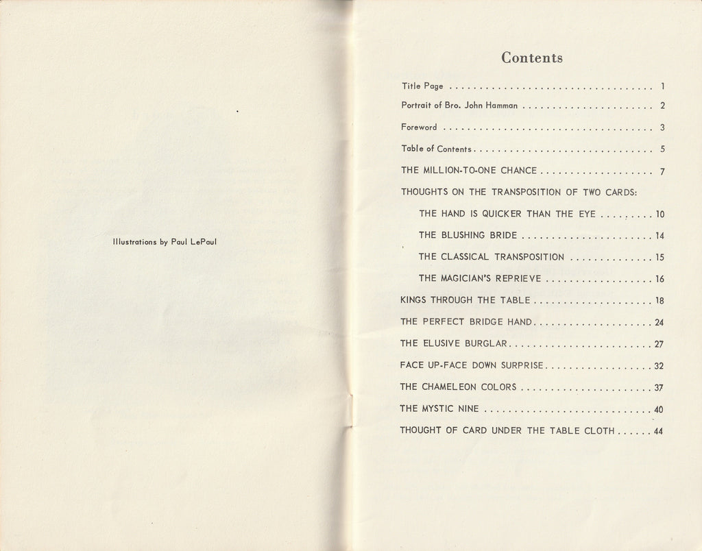 Le Paul Presents the Card Magic of Bro. John Hamman S. M. - Booklet, c. 1976 Table of Contents