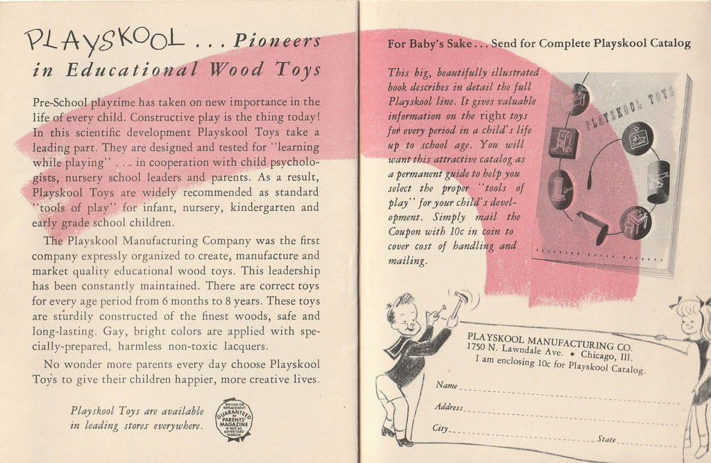 Learning While Playing - Playskool Toys - Eleanor N. Knowles - Playskool Manufacturing Co. - Booklet, c. 1950s Playskool Pioneers in Educational Wood Toys