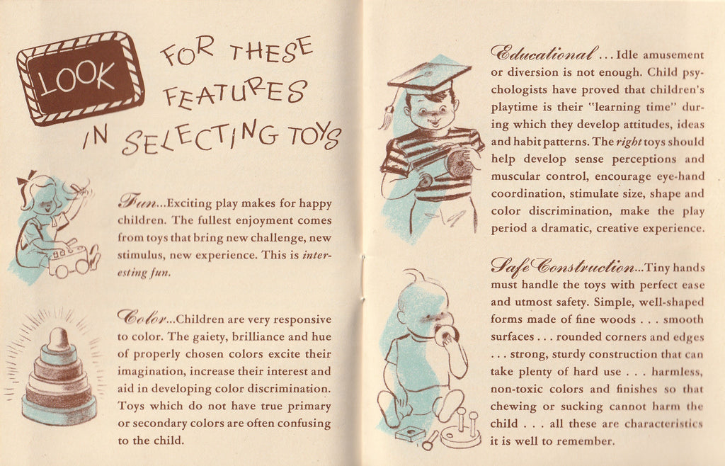 Learning While Playing - Playskool Toys - Eleanor N. Knowles - Playskool Manufacturing Co. - Booklet, c. 1950s - Look for these features in selecting toys