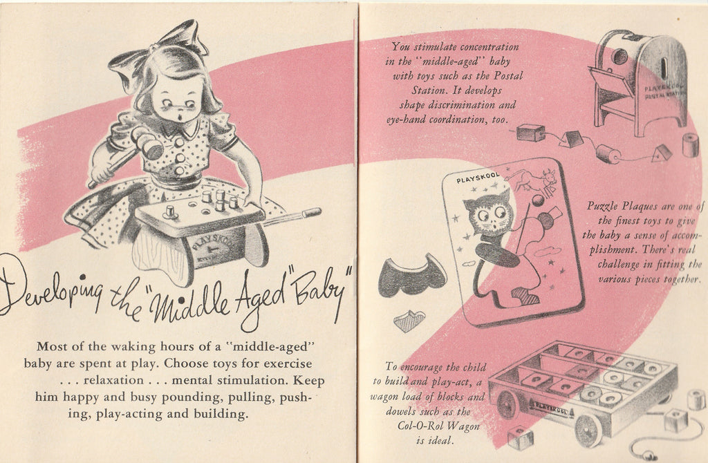 Learning While Playing - Playskool Toys - Eleanor N. Knowles - Playskool Manufacturing Co. - Booklet, c. 1950s - Developing the Middle Aged Baby