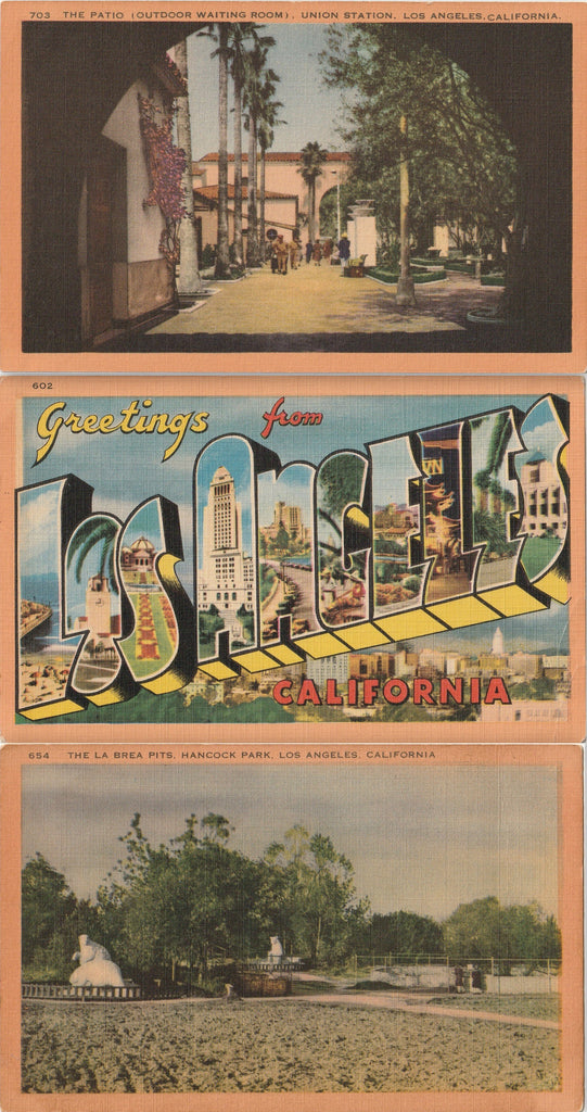 Greetings From Los Angeles, California - La Brea Tar Pits - Union Station Patio - SET of 3 - Postcards, c. 1940s