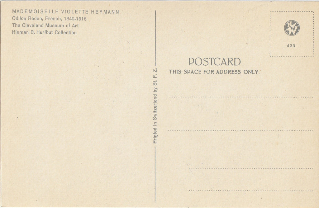 Mademoiselle Violette Heymann - Odilon Redon - Cleveland Museum of Art - Hinman B. Hurlbut Collection - Postcard, c. 1910s Back
