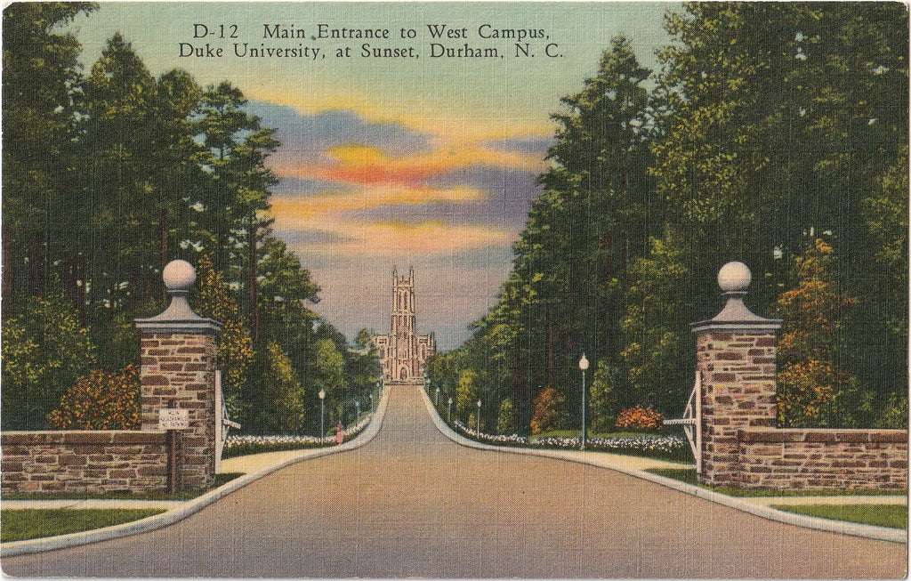 Duke University at Sunset - Main Entrance to West Campus -  Durham, NC - Postcard, c. 1940s