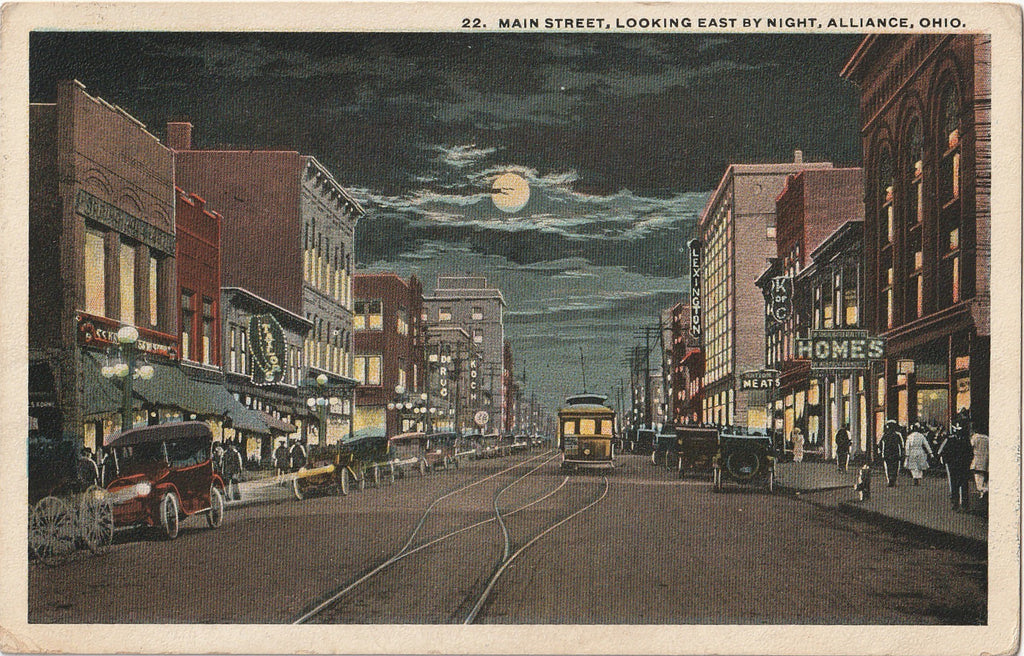 Main Street Looking East By Night - Alliance, OH - Postcard, c. 1910s