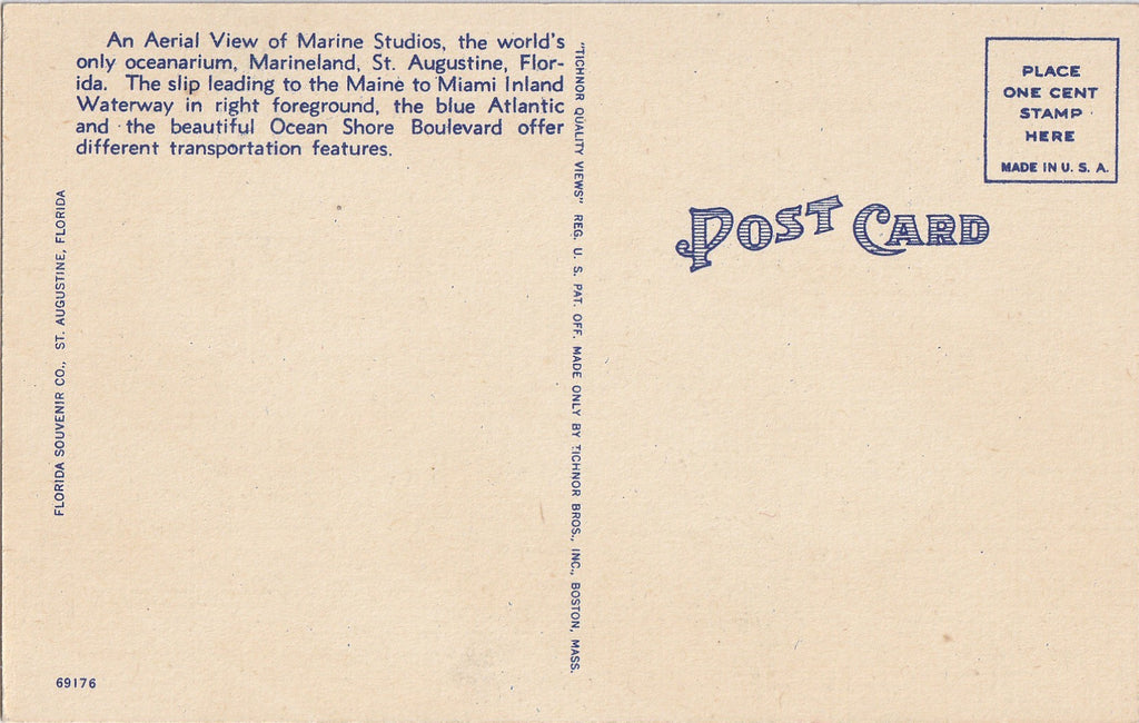 Marine Studios Marineland FL Vintage Postcard Back