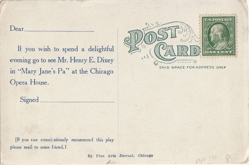 Mary Jane's Pa Chicago Opera House Postcard Back