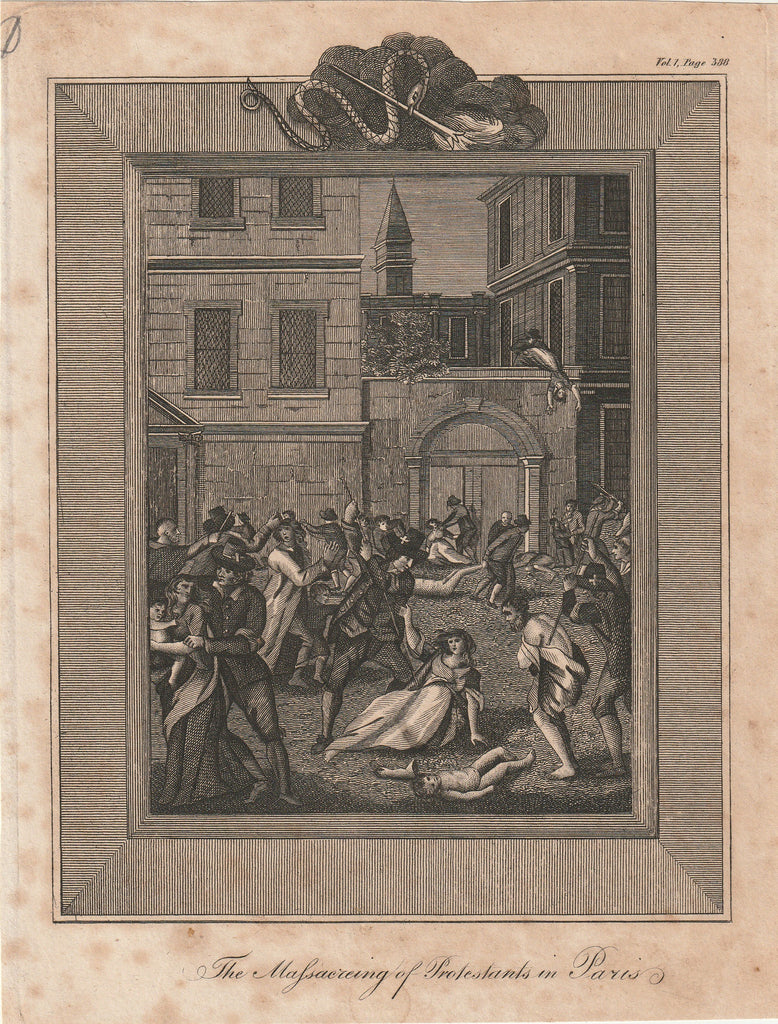 Massacring of Protestants in Paris Foxe's Book of Martyrs Antique Print