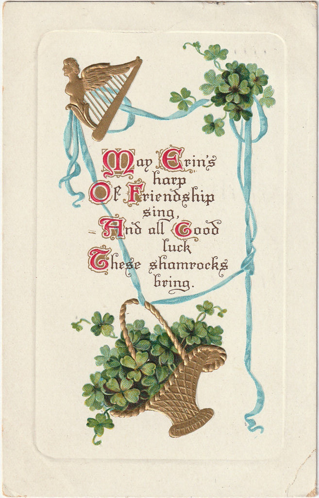 May Erin's Harp of Friendship Sing All Good Luck These Shamrocks Bring Postcard
