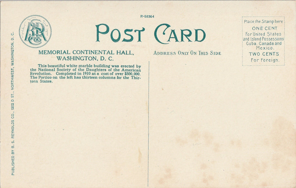 Memorial Continental Hall - Washington, DC - Postcard, c. 1920s Back