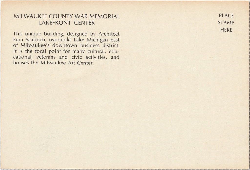Milwaukee County War Memorial Lakefront Center Postcard Back