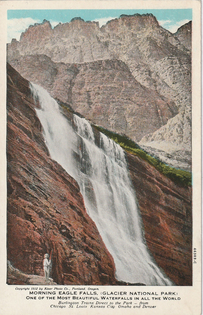 Morning Eagle Falls Glacier National Park Montana Burlington Route Postcard