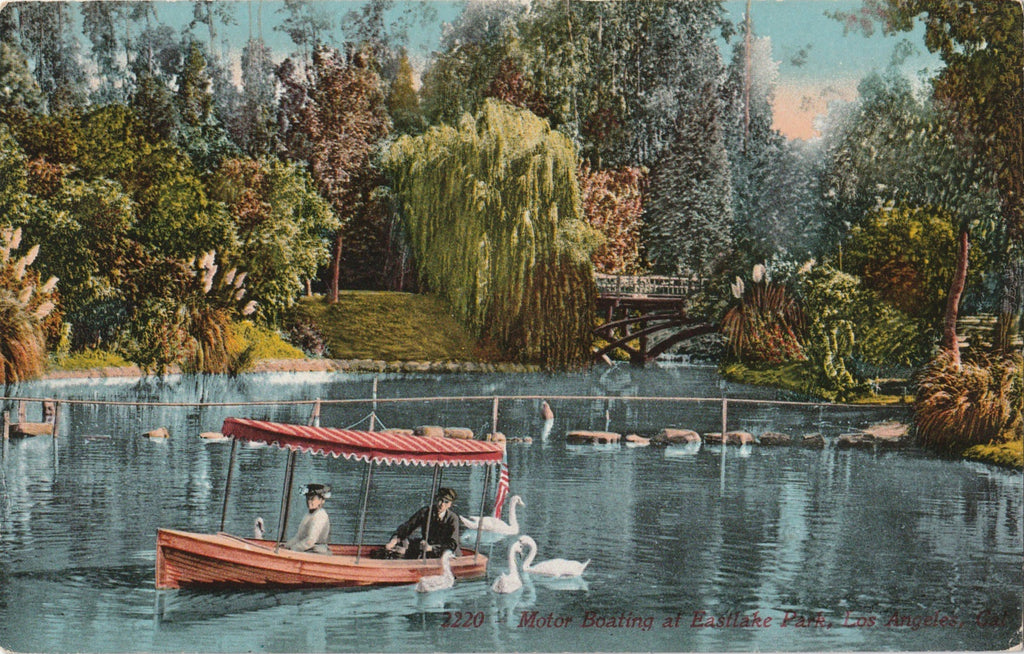 Motor Boating at Eastlake Los Angeles Antique Postcard